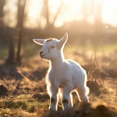 Cute Playful Baby Goat in a Field with Sunshine Behind the Goat, Generative AI