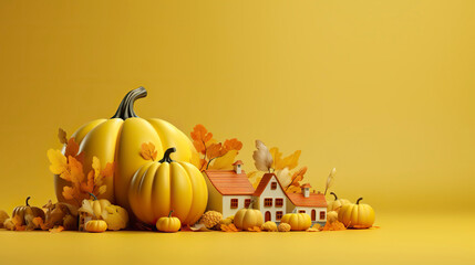 Naklejka na ściany i meble Autumn background with pumpkins and leaves on a yellow background.