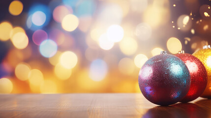 Colorful christmas baubles on bokeh background.