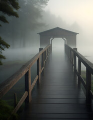 An atmospheric scene of a wooden bridge shrouded in morning mist ai generated.