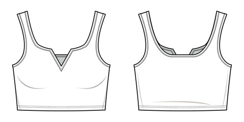 Notched Neck Trim Rib-knit Tank Top technical fashion illustration. Tank Top vector template illustration. front and back view. slim fit. crop top. women's. white color. CAD mockup set.