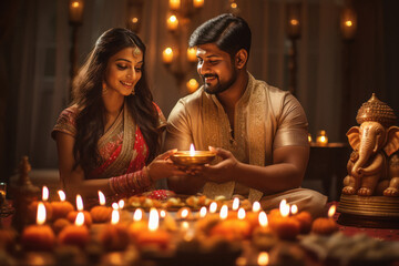 Young indian couple in traditional wear and doing puja in diwali festival. - obrazy, fototapety, plakaty