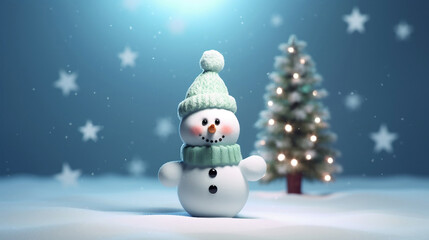 Snowman and Christmas tree with snow 3D illustration, cute Christmas background.