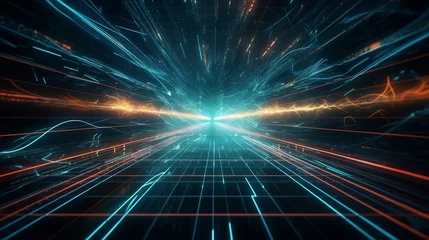 Fotobehang Sparkling laser beam rays tunnel, blue green and gold light blasting portal, time travel and high speed internet futuristic technology abstract background. © Sunday Cat Studio