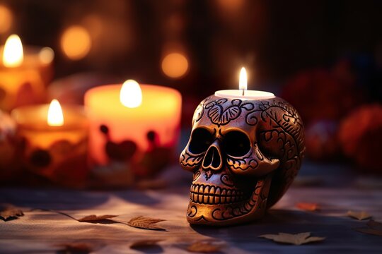 Mexican skull surrounded by candles and flowers day of the dead skeleton head dia de los muertos