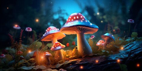 Fototapeta na wymiar Imaginary magic mushrooms in enchanted forest, close-up, macro illustration,,,,,, Fantasy mushroom landscape in the forest created with Generative AI technology Pro Photo
