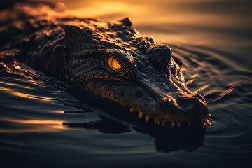dark silhouette image of a crocodile swimming zig zag in a lake.  - obrazy, fototapety, plakaty