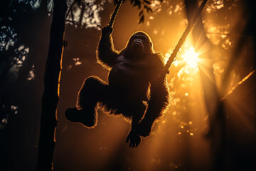 dark silhouette image of a ape swing in a jungle.  - obrazy, fototapety, plakaty