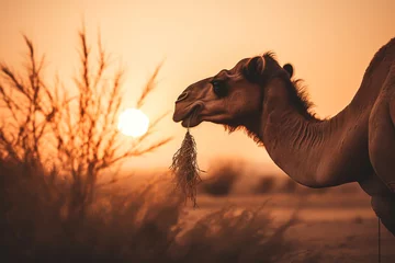 Foto op Aluminium dark silhouette image of a camel eating grass in a dessert.  © 92ashrafsoomro