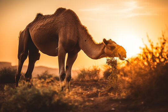 dark silhouette image of a camel eating grass in a dessert. 