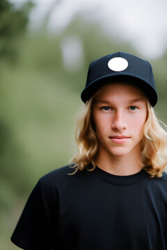 Image of a head shot of a cute white Caucasian 14 year old skater boy with long  blonde hair. He is wearing a black cap.
