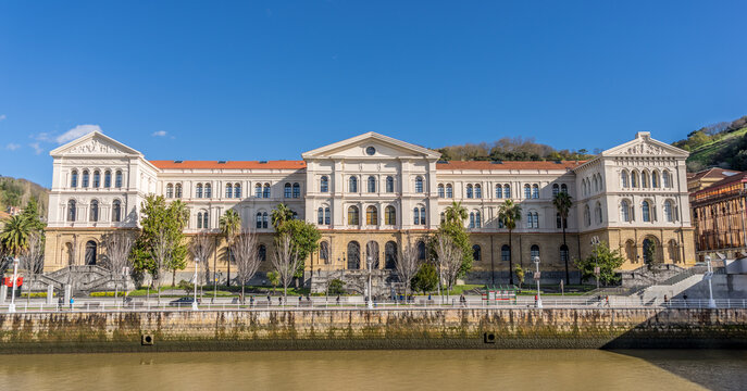 Bilbao, Basque Country, Spain. March 26, 2017. Panoramic view of University of Deusto central building (la literaria) designed by architect Francisco de Cubas in 1886. 