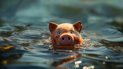 Pig sinks into the water. Piggy bank drowning in bankruptcy debt concept.
