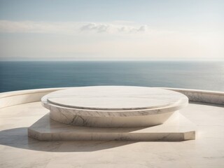 Fototapeta na wymiar White marble podium with sea view on background