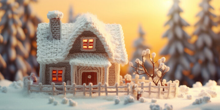 Charming knitted hand-made house: a cozy abode on a blurry winter background
