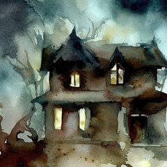 Paint a watercolor picture of a haunted house with a scary atmosphere.Creative AI design.