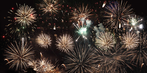 Golden Firework celebrate anniversary independence day night time celebrate national holiday. Countdown to new year 2024 party time event. Happy new year 2024, 4th of july holiday festival concept