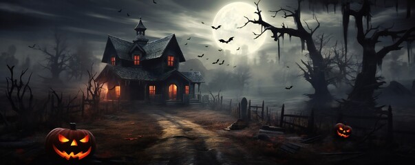 Haunted spooky Halloween house with bats and soft mist, pumpkins scattered around, with empty copy space Generative AI