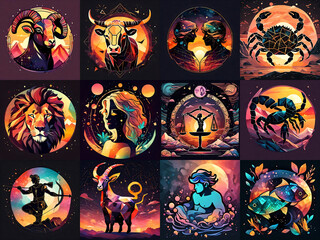 Set of zodiac signs icons. Aries, Leo, Gemini, Taurus, Scorpio, Aquarius, Pisces, Sagittarius, libra, Virgo, Capricorn, and cancer.