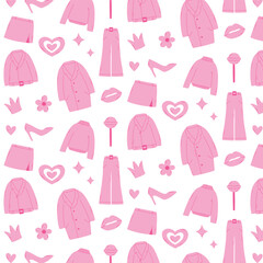 Seamless pattern barbicore. Vector illustration. Pink print with clothes. shoes.