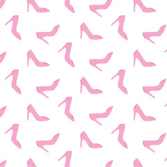 Vector seamless pattern with glamorous women shoes. Barbicore print. Pink pattern with shoes.