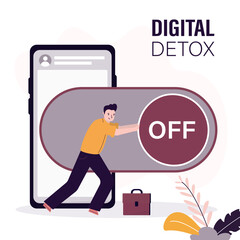 Smart man moves slider. Turn off mobile gadget, digital detox, freedom from smartphone and social networks. Happy user without internet connection. Break time, tech free