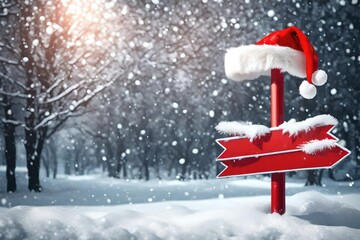 Santa hat on blank red directional sign board