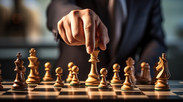 A business strategist advances a chess piece on the game board