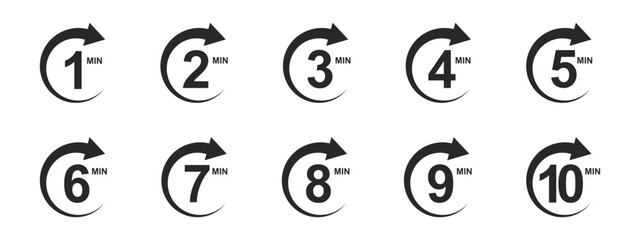 1, 2, 3, 4, 5, 6, 7, 8, 9, 10 minutes icons with circle arrows. Stopwatch symbols. Countdown signs. Sports or cooking timers. Delivery, deadline, duration pictograms. Vector graphic illustration