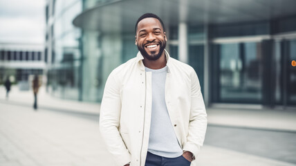Portrait photography of a cheerful african american man wearing a chic white cardigan against a modern architectural background.