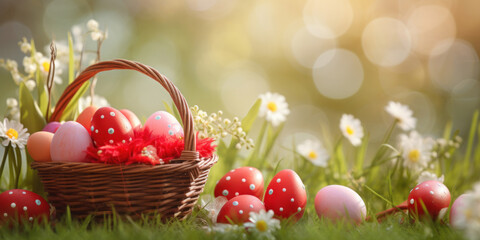 Basket with red Easter eggs in a wild field with flowers