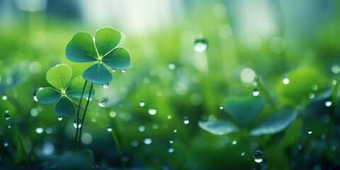 Four leaf clover with dewdrops on its leaves. Green blurred background with dew - obrazy, fototapety, plakaty