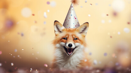 Happy fox in a birthday hat against a blurry background with confetti