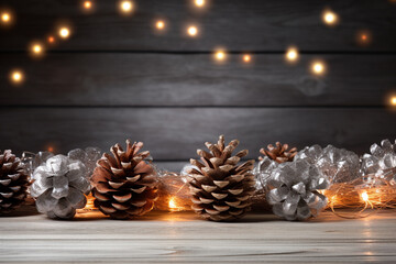Many pine cones, little pine trees, pine leaves, Christmas balls, and fairy lights, Christmas garland and ornament decorations, on wood panel background with bokeh light. Generative AI.