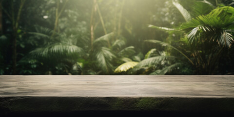 Empty cement texture table with jungle blur background