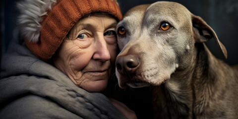 An old lonely woman with her dog