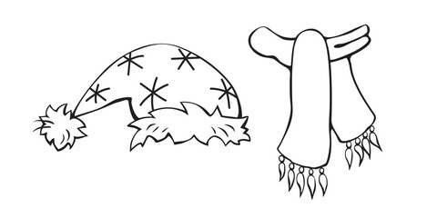 Set of hat, cap, scarf icons. Vector outline winter accessories. Hand drawn children's or Santa claus clothes