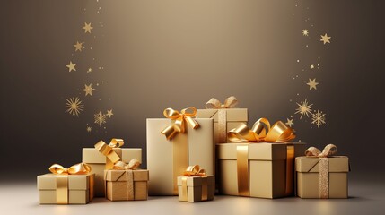 A banner for the New Year featuring Christmas gift boxes with gold decorations on a khaki background. - obrazy, fototapety, plakaty