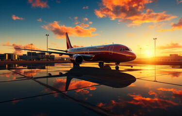 A vibrant red and white jet airliner on the tarmac, illuminated by the warm hues of a mesmerizing sunset