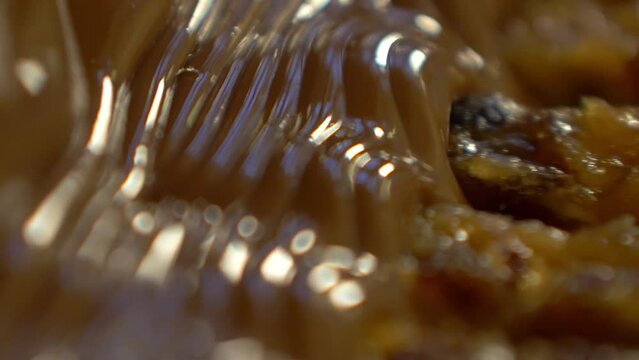 static slow motion macro shot of filling mass with caramel and nuts being covered with liquid chocolate