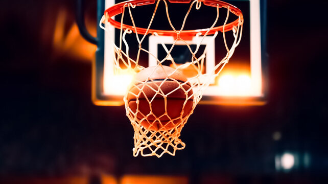 Basketball ball in hoop, at a sports arena. Scoring during a basketball game ball. - Powered by Adobe