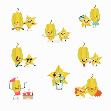 Vector set of funny fresh vegetarian carambola, carom, funny vegetable, fruit, characters doing  sports, playing musical instruments.
