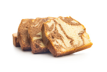 Marble sponge cake. Cake with cocoa and vanilla taste isolated on white background.