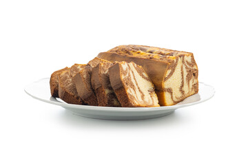Marble sponge cake. Cake with cocoa and vanilla taste on plate isolated on white background.