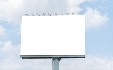 Pole outdoor billboard with blue sky background. Clipping path for mockup white screen
