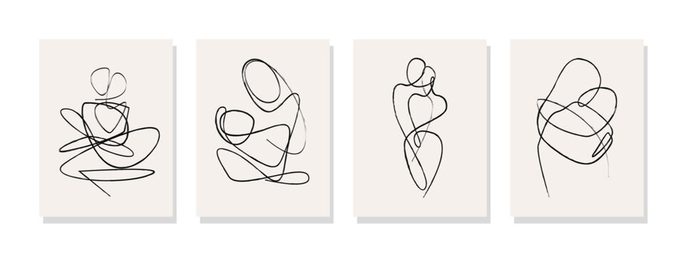 Collection of minimalist silhouette illustrations depicting loving couples. One-line art style for wall art, posters, covers, wallpapers, banners, flyers, cards, and decor.
