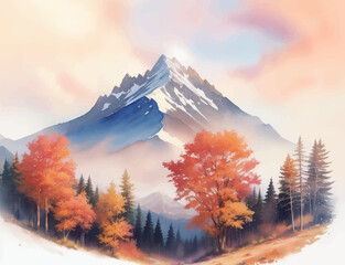 水彩で描いた秋の山の風景のイラスト Generative AI