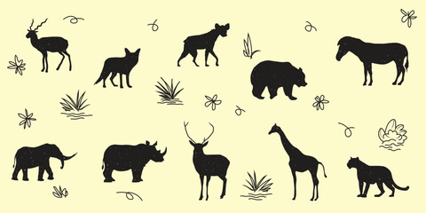 manual drawing of wild animal silhouettes 
