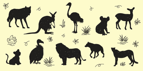 manual drawing of wild animal silhouettes 