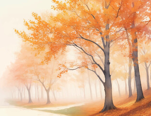 水彩で描いた秋の紅葉の景色のイラスト Generative AI